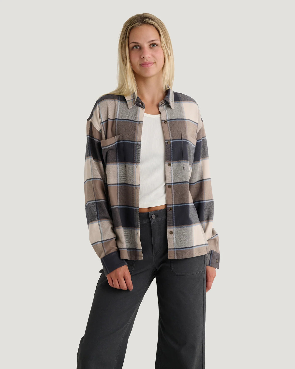 Free Fly Women's Seawool Oversized Flannel - Plaid Anthracite - M