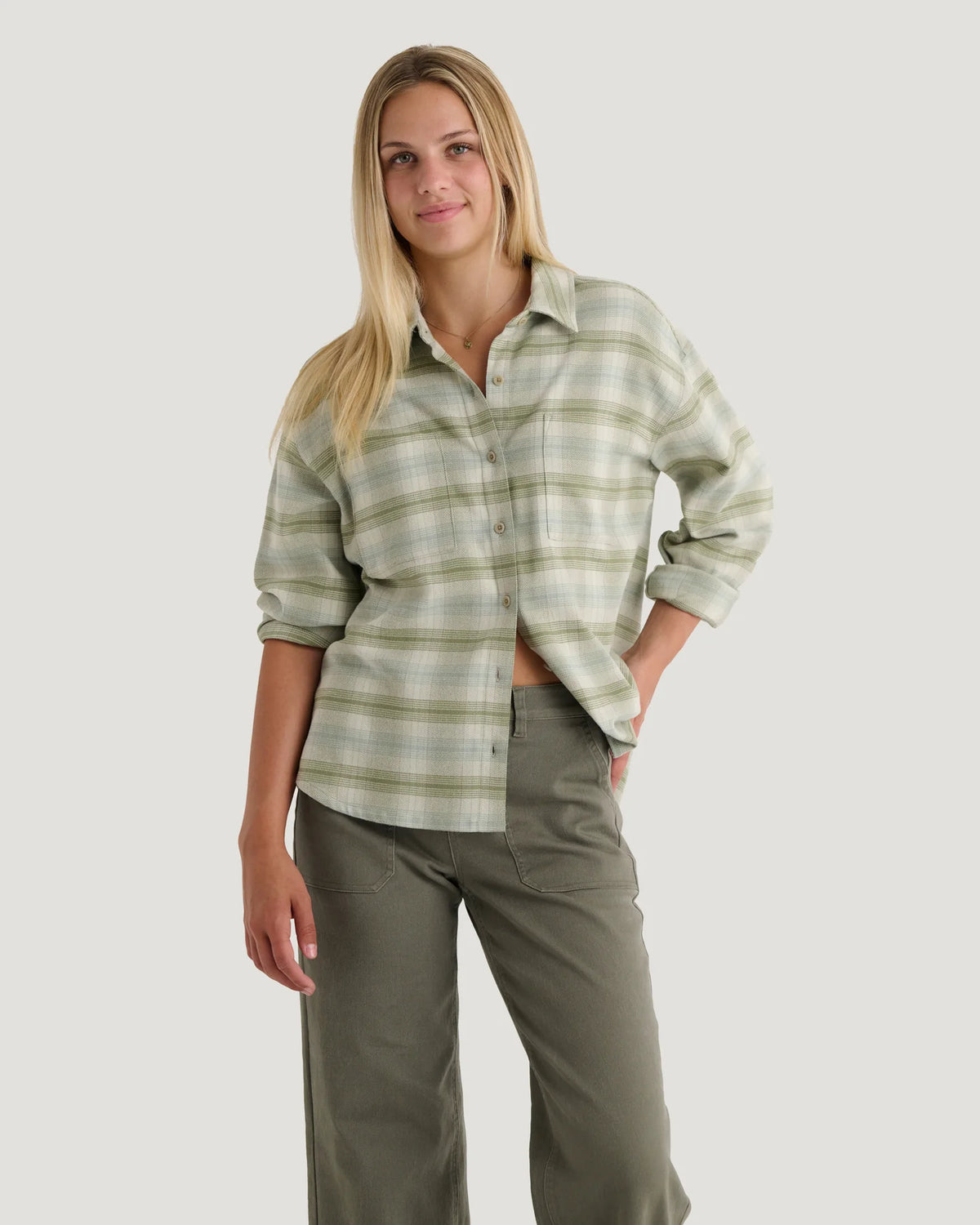 Free Fly Women's Seawool Oversized Flannel - Plaid Oil Green - S